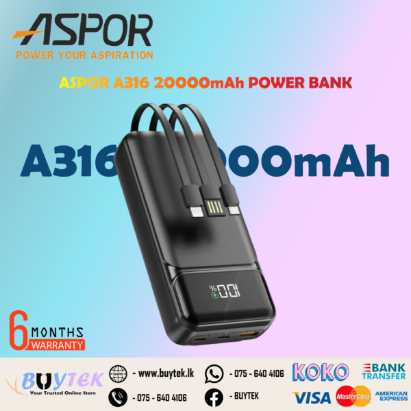 ASPOR A316 22.5W 20000mAh FAST CHARGING POWER BANK WITH 3 CABLES