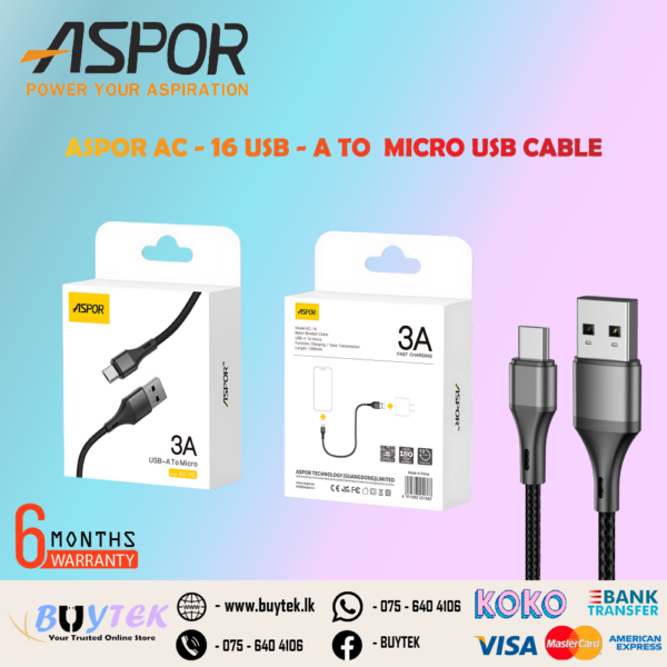 ASPOR AC - 16 USB - A TO MICRO USB CABLE -3A (100CM)